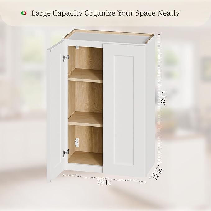 Kisart Laundry Room Cabinets Wall Mounted with Doors & Shelves, Solid Wood RTA Medicine Storage Cabinet, 24Wx36Hx12D Inch White Shaker Hanging Cupboard, Space-Saving for Kitchen, Bathroom, Garage