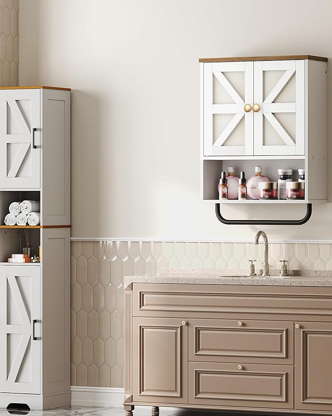 CHOEZON Bathroom Wall Cabinet, Medicine Cabinet with Open Partition and Towel Bar, Rustic Storage Cabinet with Open and Hidden Storage Space, for Bathroom, Living Room, Kitchen, White and Walnut