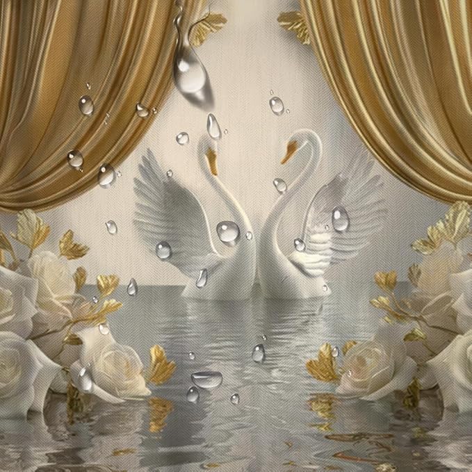 NBVKO 4Pcs Luxury Swan Rose Printed Shower Curtain Set with 12 Hooks Non-Slip Rugs,Toilet Lid Cover and Bath Mat, Stylish Bathroom Decor for Hotel & Home Bathroom