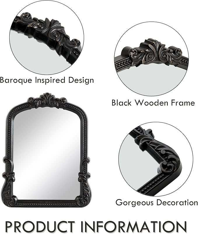 Vintage Small Black Vanity Makeup Mirror Antique Arched Baroque Tabletop Mirror Resin Frame Desktop Standing Mirror for Living Room Bedroom Dresser 9.6x12.3