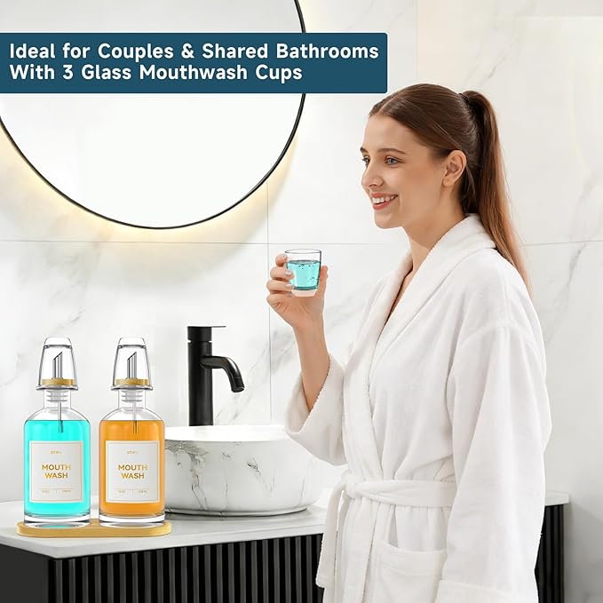 2PCS Glass Mouthwash Dispenser for Bathroom Countertop – 14oz/410ml Refillable Mouthwash Bottle with Stainless Steel Pour Spout & Bamboo Tray, Modern Decor for Home, Office, Airbnb (Clear)