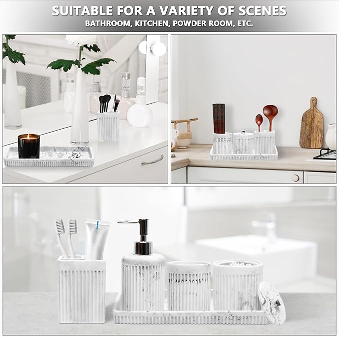 XLHOMO Resin White Marble Bathroom Accessories Set 5 Pcs, Lotion Soap Dispenser, Toothbrush Holder, Bathroom Tumbler, Qtip Holder and Vanity Tray, Bathroom Countertop Organizer Set for Home Apartment