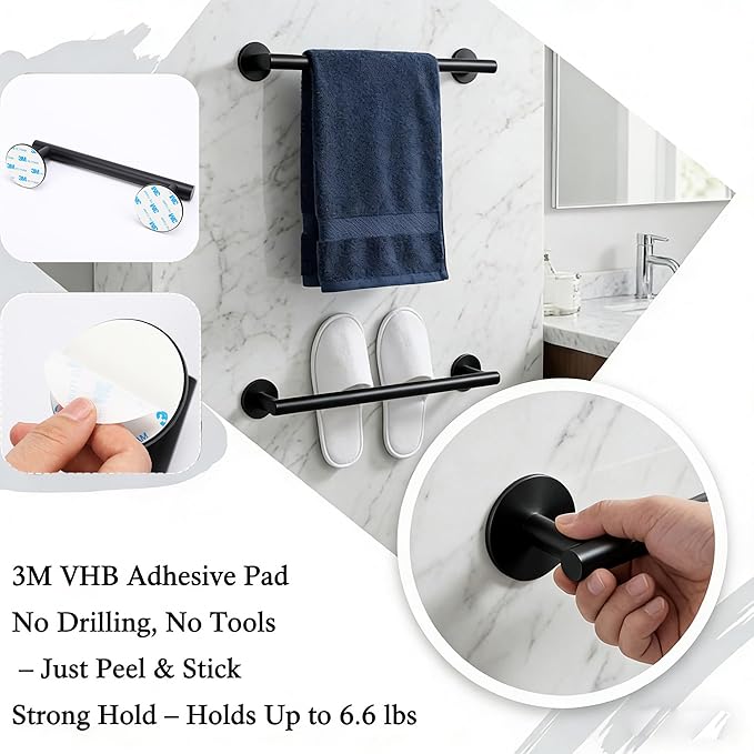 Hand Adhesive Bathroom Towel Bars, 16 Inch Stainless Steel Towel Racks for Bathroom or Kitchen Wall Mounted, Heavy Duty Hand Towel Holder Organizer, Modern Home Decor Towel Rod, Black