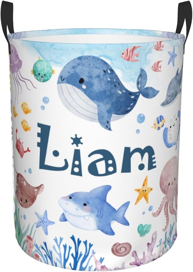 Personalized Laundry Hamper, Ocean Themed Laundry Baskets with Custom Name, Collapsible Hamper for Kids Adults Home Decoration,16.5 X 13.8in