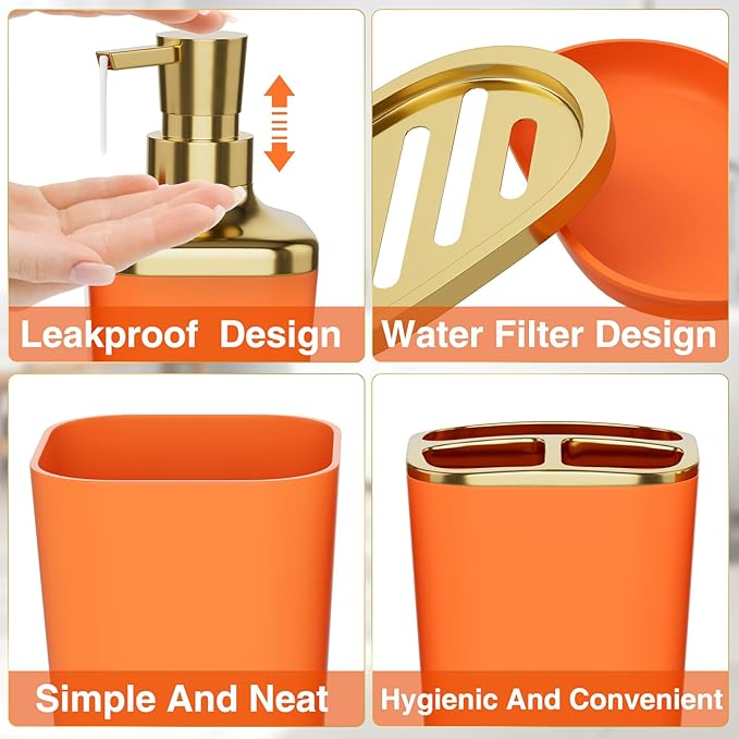 XLHOMO Bathroom Accessories 8 Piece Orange and Gold Bathroom Set, Bath Accessories with Stainless Steel Trash Can,Toilet Brush,Toothbrush Set,Soap Dispenser