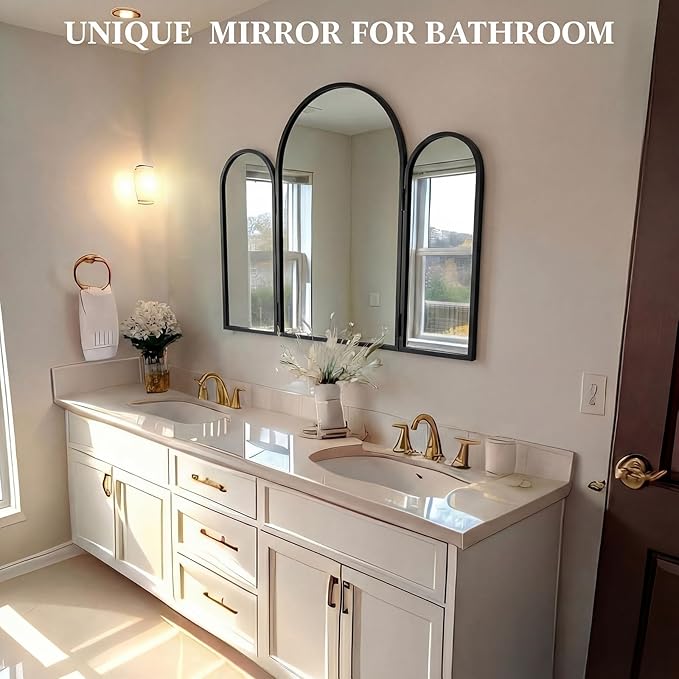 Wonderjune Trifold Vanity Mirrors 3 Way, 30 x 37 in Adjustable Arch Trifold Mirror for Bathroom Bedroom, Decorative Folding 3 Sided Mirror Wall Mounted for Braiding Hair Makeup (Black)