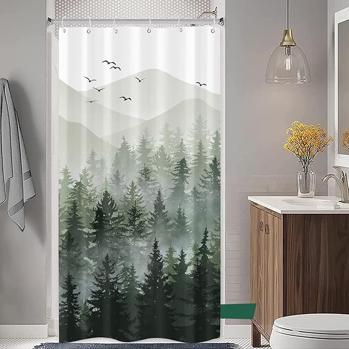 Accnicc Stall Small Sage Green White Misty Forest Shower Curtain Ombre Mountain Pine Tree Waterproof Fabric Shower Curtains for Bathroom Nature Woodland Decorative Bath Curtain Decor 36×72 Inches