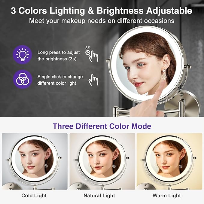 GREENFROM Magnifying Mirror with Lights 1x/15x: 8.5" Double Sided Wall Mounted Lighted Makeup Mirror for Bathroom, Brushed Nickel