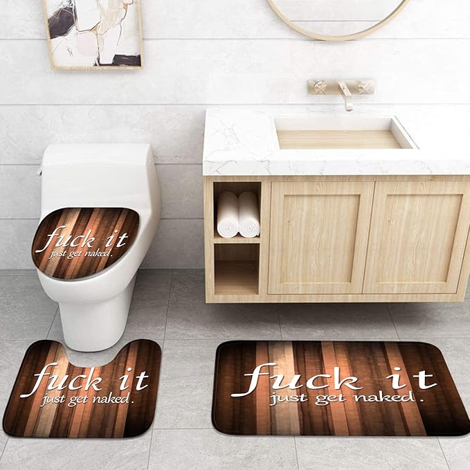ArtSocket 4PC Funny Get Naked Vintage Abstract Orange Brown Striped Background Shower Curtain Sets Bathroom Decor with Rugs, Non-Slip Rug,Toilet Lid Cover, Bath Mat and 12 Hooks 72x72 inches