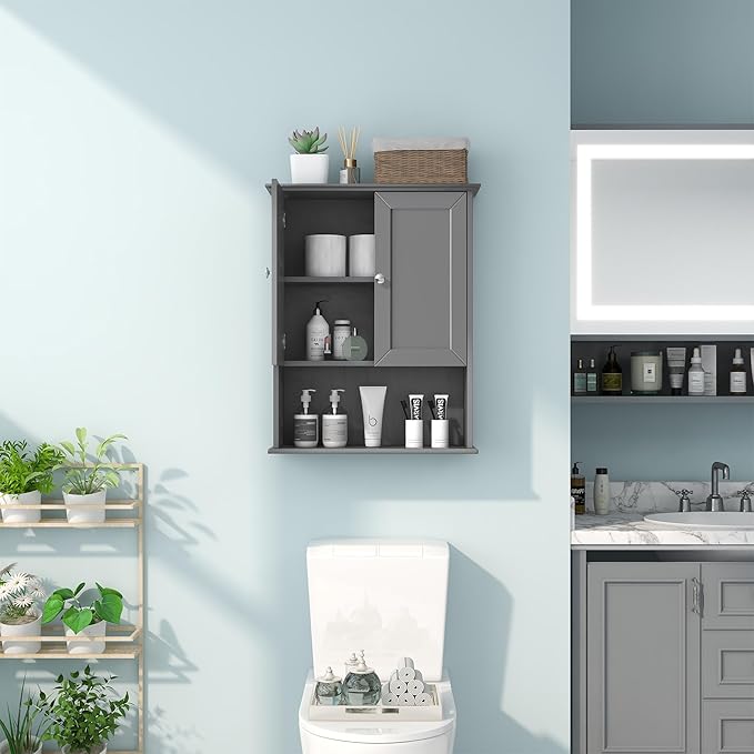 VANIRROR Grey Wall Mounted Bathroom Cabinet 24x30 Inch Wooden Over Toilet Storage Cabinet with 2 Doors, Above Toilet Medicine Cabinets for Bathroom Laundry Room Bedroom Kitchen
