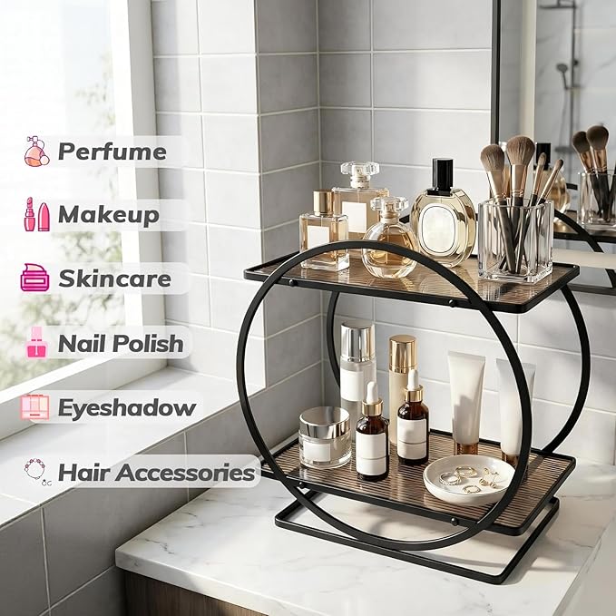 BO2702 2 Tier Bathroom Organizer, Perfume Organizer for Dresser, Black