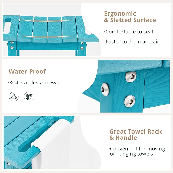 LUE BONA HDPS Shower Bench Seat, Sky Blue Shower Benches for Inside Shower with Shelf, Waterproof Shower Chair Foot Stool for Spa Bathroom, Weather Resistant/Non-Slip/Handles/Indoor or Outdoor Use