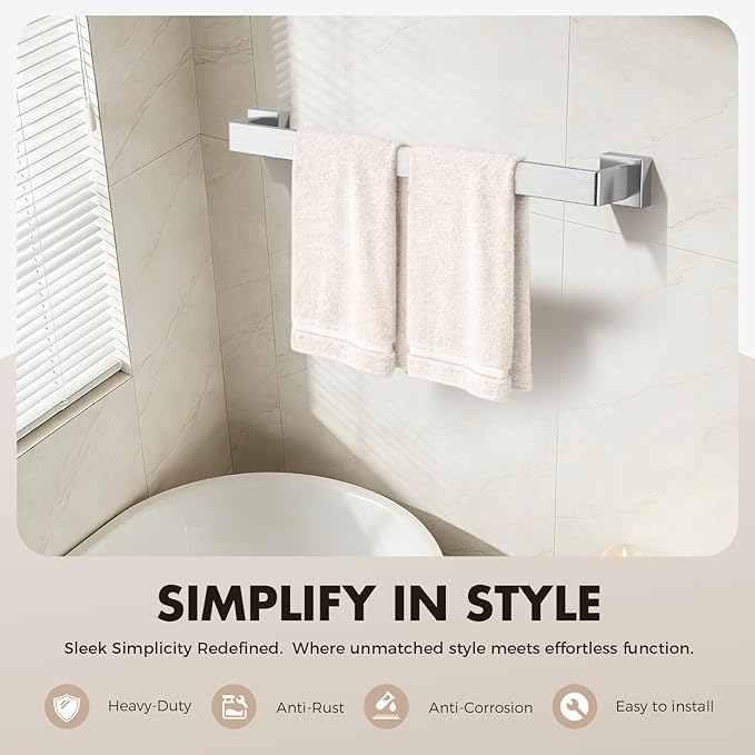 Bathroom Accessory Towel Bar Set: 5 Pieces Brushed Nickel Square Bathroom Hardware SUS304 Stainless Steel - 24 Inch Wall Mounted Towel Rack&Toilet Paper Holder&Towel Ring and Towel Hook