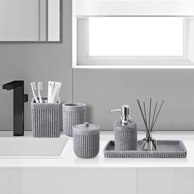 XLHOMO Resin Grey Bathroom Accessories Set 5 Pcs, Lotion Soap Dispenser, Toothbrush Holder, Bathroom Tumbler, Qtip Holder and Vanity Tray, Bathroom Countertop Organizer Set for Modern Home Apartment