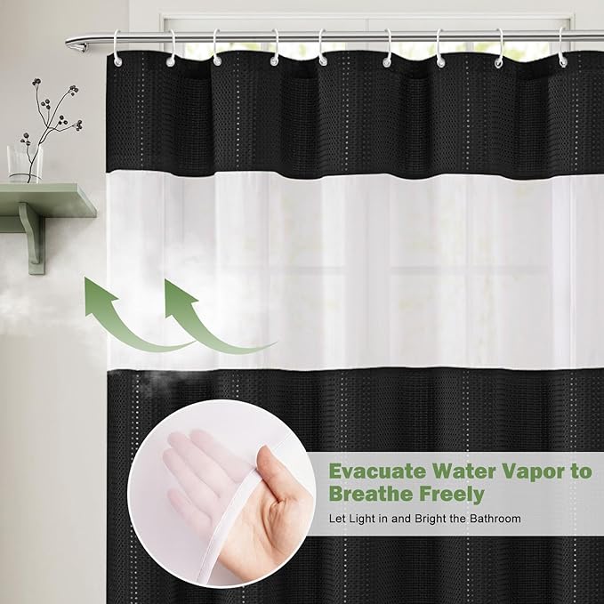 UFRIDAY Waffle Weave Shower Curtain 72x72 inch,Hotel Style Bath Curtain with Mesh Window, Heavy Duty Thick Fabric Shower Curtain for Bathroom,Washable Water Resistant，Black