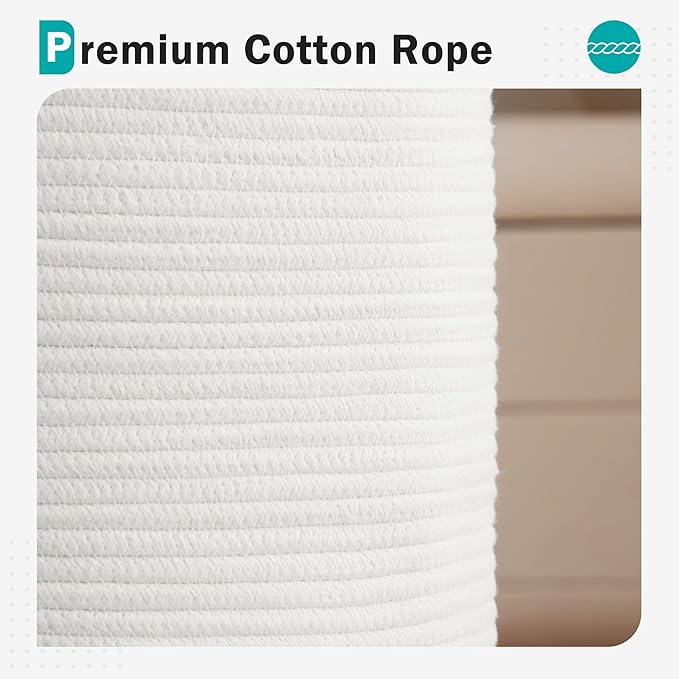 Cotton Rope Laundry Hamper by YOUDENOVA, 58L - Woven Collapsible Laundry Basket - Clothes Storage Basket for Blankets, Laundry Room Organizing, Bedroom Storage, Clothes Hamper – White