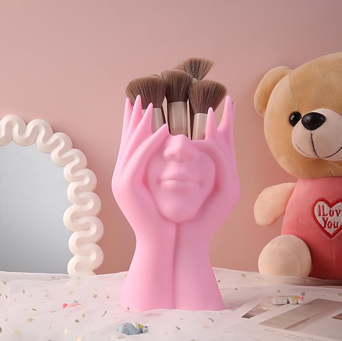 Make Up Brush Holder Organizer Face-Shaped Pen Holder Vase Organizer Abstract Art Face Hand Design Travel Cosmetic Holder | Makeup Organizer For Brushes (pink)