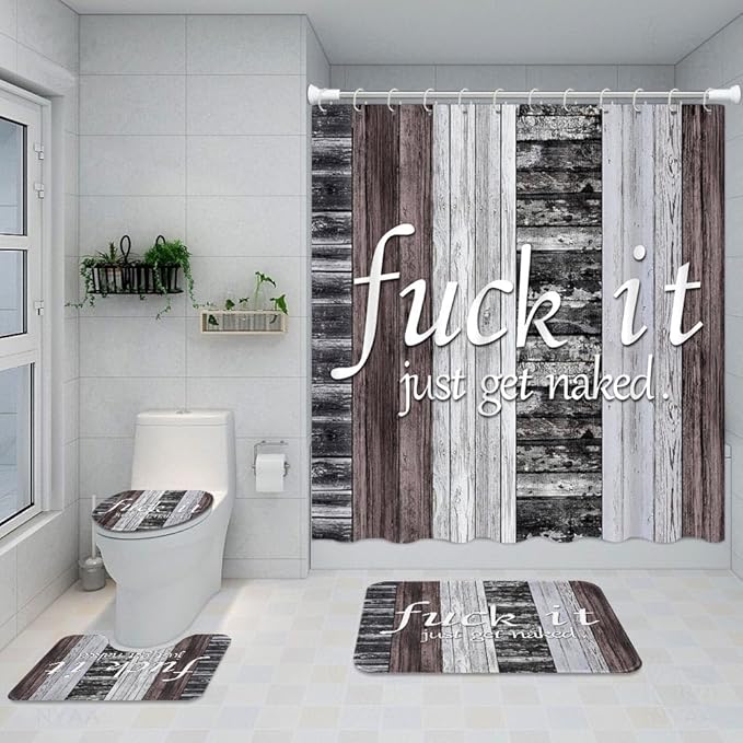 ArtSocket 4PC Funny Get Naked Farmhouse Rustic Grey Brown Striped Shower Curtain Sets Bathroom Decor with Rugs, Non-Slip Rug,Toilet Lid Cover, Bath Mat and 12 Hooks 72x72 inches
