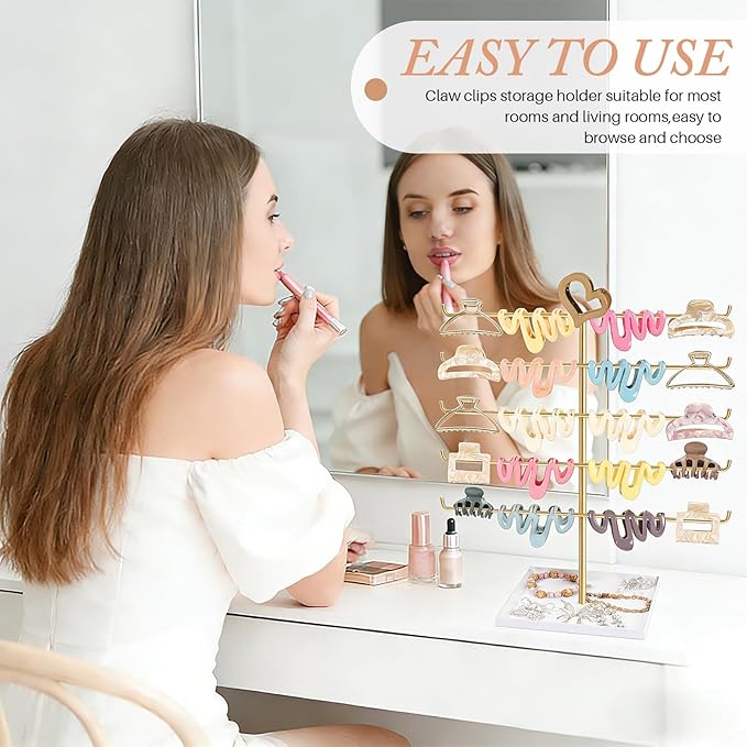 SNOWSTAR Hair Claw Clip Holder Organizer - 5 Tier Claw Clips Storage Display with Metal Tray, Hair Clip Holder Desktop Stand for Women Girls