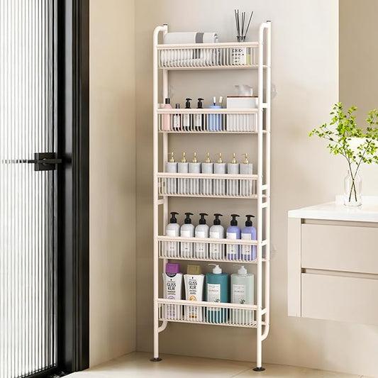NECHEGE Slim Shelf Behind Door Storage Rack, 5-Tier Multi-Purpose Space-Saving Organizer for Bathroom, Kitchen, Living Room-Sturdy Metal Bookshelf for Narrow Spaces