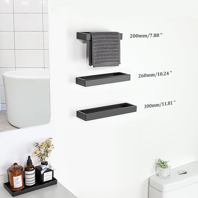Sayayo Matte Black Towel Bar for Bathroom Wall, 10 Inch Hand Towel Holder, Screw or Self Adhesive Towel Ring Square SUS304 Stainless Steel, 3.2 Inch Wider Design