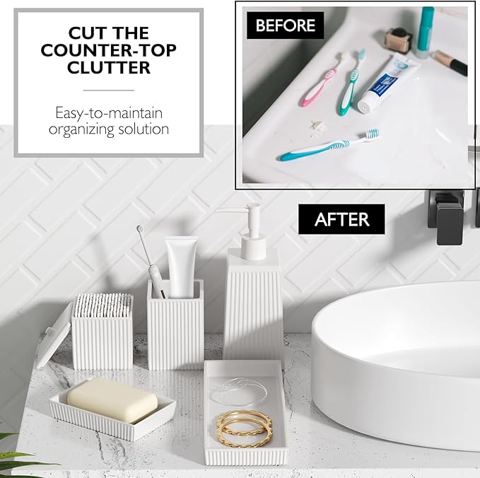 XLHOMO Bathroom Set - White Bathroom Accessories Set, 5PCS Ceramic Bathroom Accessory Set, Bathroom Sets with Soap Dispenser, Toothbrush Tumbler, Soap Dish, Q-tip Holder & Vanity Tray