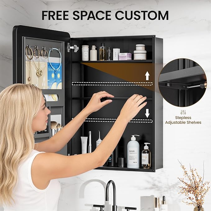 Medicine Cabinet with Mirror, 20x30 Inch Aluminum Bathroom Cabinet with Adjustable Shelves, Built-in Makeup Storage, Recessed or Surface Mount, Soft Close Hinges, Matte Black