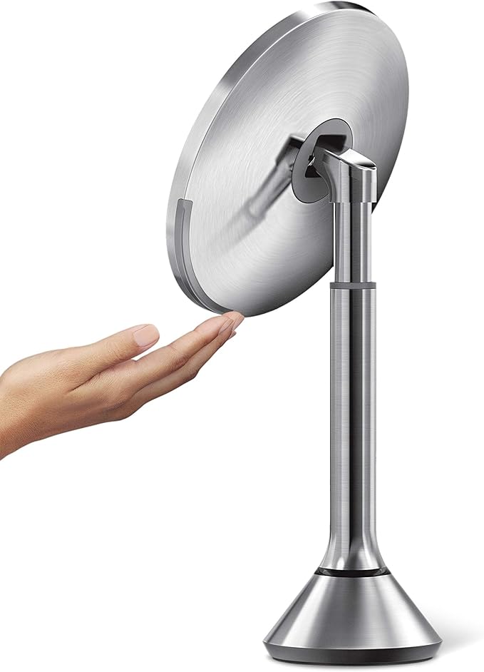 simplehuman Floor Mount 8" Round Sensor Makeup Mirror with Touch-Control Brightness, 5X Magnification, Rechargeable and Cordless, Brushed Stainless Steel