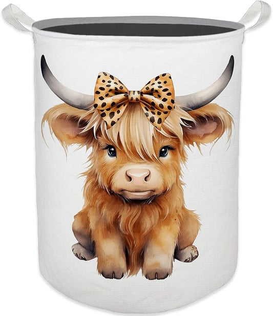 Highland Cow Baby Nursery Laundry Basket, Toybox for Girls Room, Leopard Bow Cow Laundry Basket Hamper Waterproof Collapsible Clothes Toys Storage Bin Organizer for Kids Room Playroom Bathroom