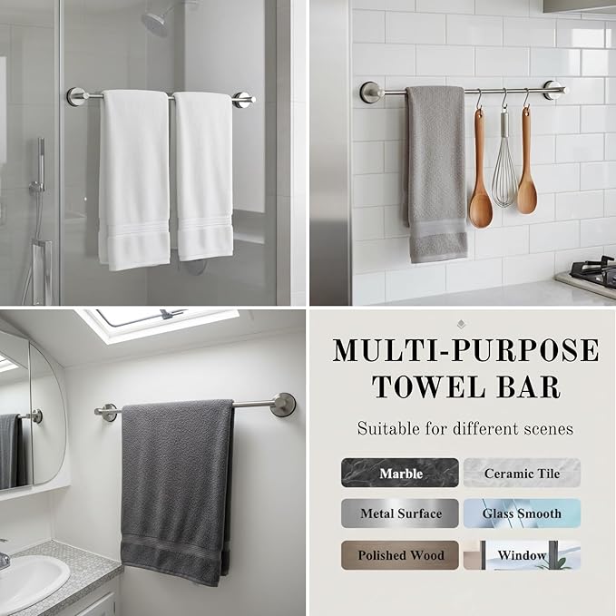 Suction Cup Towel Bar 17-28 Inch Adjustable Retractable Stainless Steel Towel Rack for Bathroom, RV & Renters - No Drill Heavy Duty Wall Mounted Holder, Removable for Glass & Tile (1, Silver)