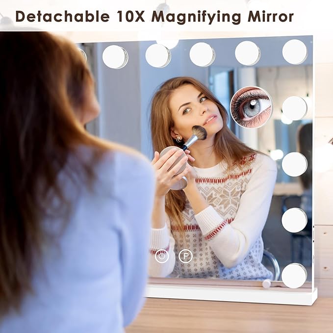 Lighted Makeup Mirror 19" L x 23" Light Hollywood Mirror with Detachable 10X Magnification Hollywood Vanity Mirror with Lights Smart Touch Control Hollywood Lighted Mirror with 15 LED Bulbs 3Colors