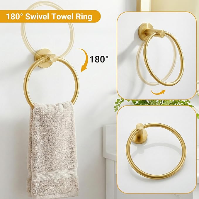 5 Piece Brushed Gold Bathroom Hardware Set, 24 Inch Bathroom Hardware Set Towel Racks for Bathroom, SUS304 Stainless Steel Wall Mounted Bath Towel Bar Set