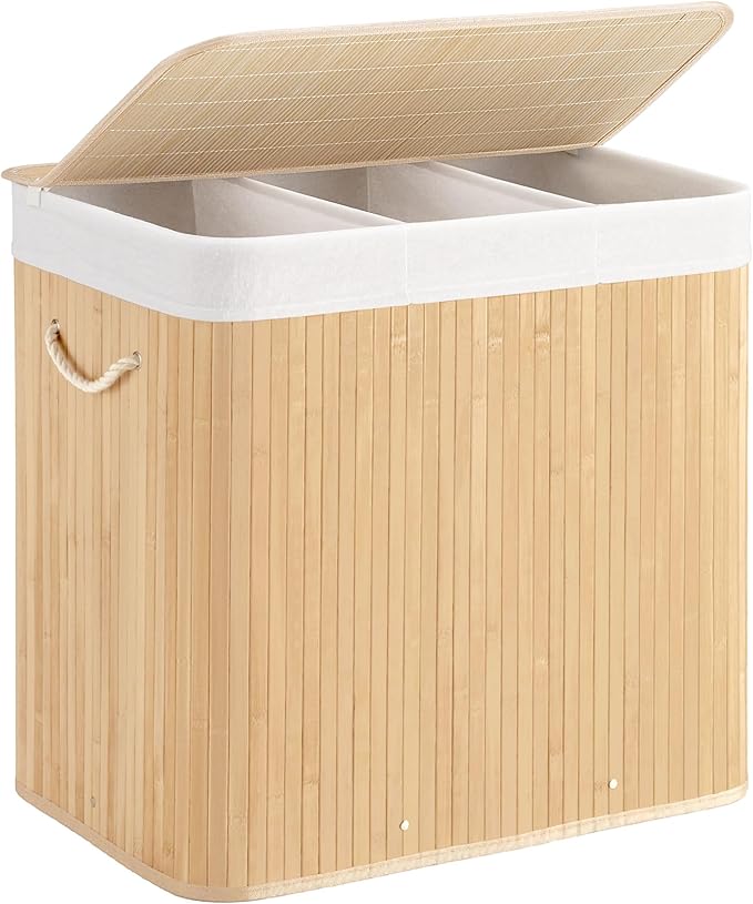 Aliphon 150L Laundry Hamper with lid, 3-Section Clothes Laundry Basket with Handles, Large Collapsible Bamboo Baskets for Bedroom, Bathroom, Dorm, Natural Beige
