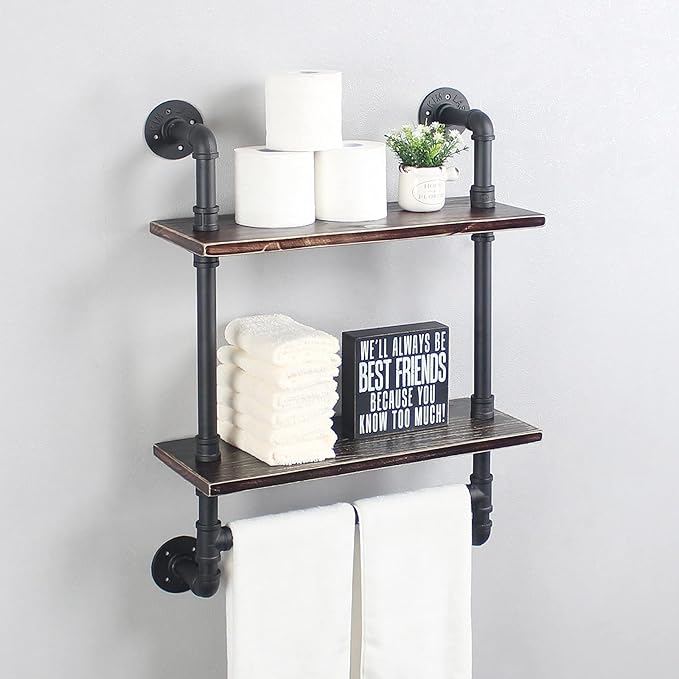 Industrial Pipe Shelf Bathroom Shelves Wall Mounted,19.6in Rustic Wood Shelf with Towel Bar,2 Tier Farmhouse Towel Rack Over Toilet,Pipe Shelving Floating Shelves Towel Holder,Retro Black