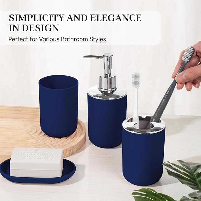 Bathroom Accessory Set, 4 Pcs Plastic Bathroom Set Include Soap Dispenser, Soap Dish, Toothbrush Holder, Mousewash Cup, Modern Bahtroom D??cor Set, Space Save for Bathroom (Blue)