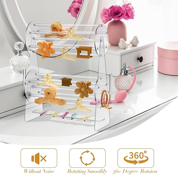 Lineshading 2-tier Acrylic Claw Clip Holder 360 Degree Rotating Claw Clip Organizer Hair Accessories Organizer Storage Display Clear Stand for Women Vanity Dressing Table(Round Style)