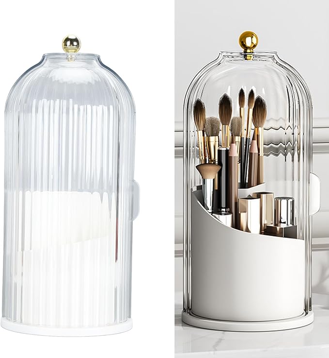 Makeup Brush Holder with Lid Clear Dustproof 360 Degree Rotating Makeup Brush Holder Organizer for Vanity Desktop Bathroom Countertop Nail Brush Rack Portable(White Base with Clear Lid)