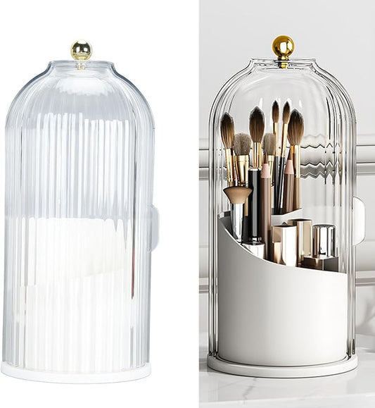 Makeup Brush Holder with Lid Clear Dustproof 360 Degree Rotating Makeup Brush Holder Organizer for Vanity Desktop Bathroom Countertop Nail Brush Rack Portable(White Base with Clear Lid)