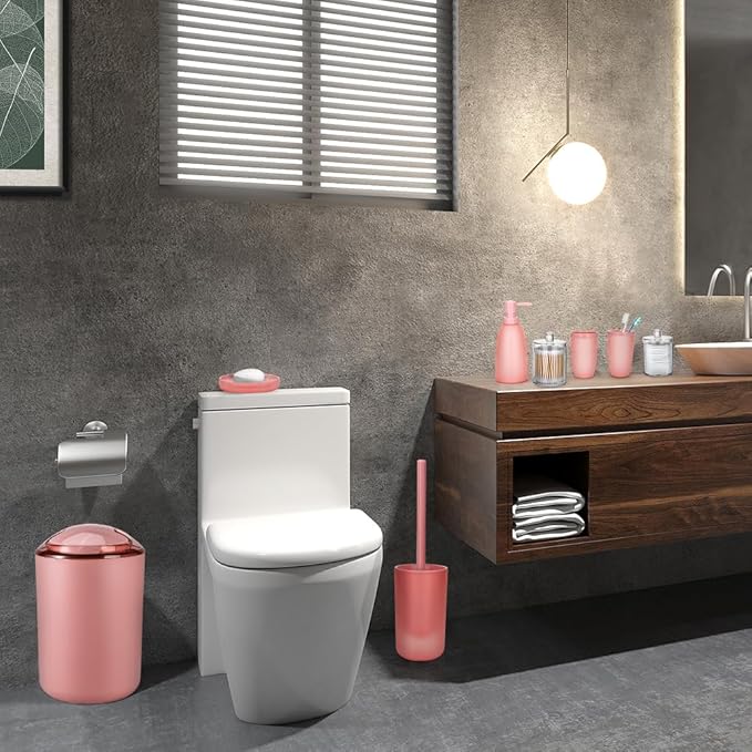 OTOSTAR Bathroom Accessory Set 8 Pcs Pink Bathroom Accessories Set Bathroom Set with Trash Can Soap Dispenser Toothbrush Holder Tumbler Soap Dish Toilet Brush Holder Qtip Holder (Pink)