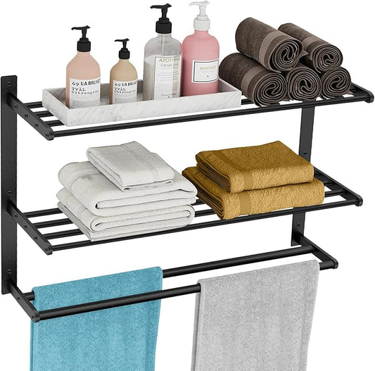 Towel Racks for Bathroom 24 Inch, 3 Tier Towel Shelf with Double Towel Bar, Wall Mounted Towel Rack SUS 304 Stainless Steel, Towel Storage for Bathroom Lavatory, Black