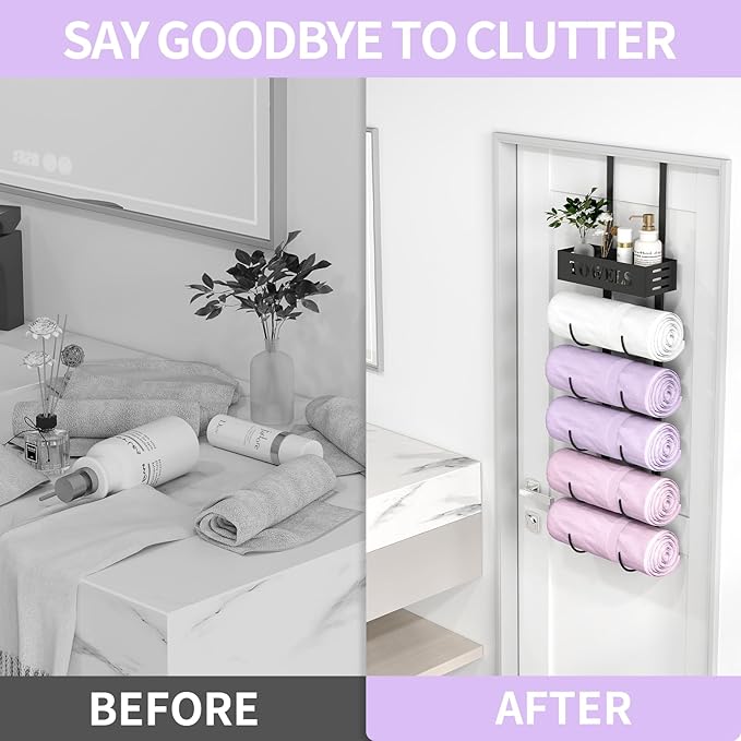 STWWO 6 Tier Over The Door Towel Racks for Bathroom, Wall Mount Bathroom Towel Storage with Basket, Over The Door Towel Holder for Roll Towels, Small Bathroom, RV, Camper, Black