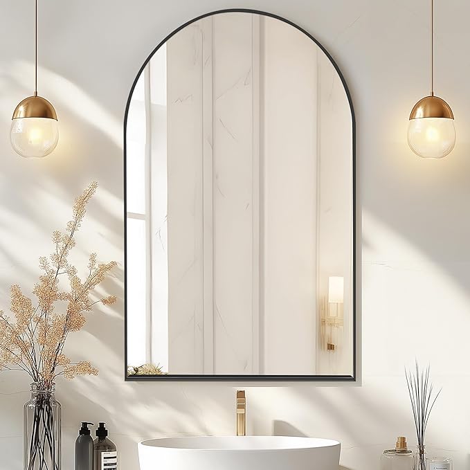 SogesHome Arched Medicine Cabinet with Mirror, 24"x36" Modern Recessed Mirror Cabinet, Wall Mount Decro Vanity Mirror with Storage with 2 Shelves Perfect for Bathroom, Black