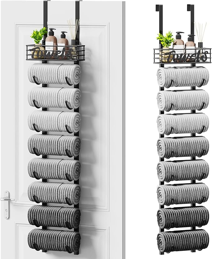 SWTYMIKI Hanging Towel Racks for Bathroom - 9 Tier Over The Door & Wall Mounted Bath Rolled Towel Storage Organizer Holder for Small Bathroom, RV, Camper, Black (Patented)