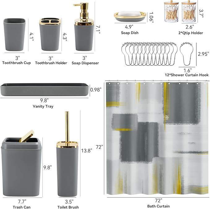 XLHOMO Grey Bathroom Accessories Set, Bathroom Sets with Shower Curtain, Grey Bathroom Accessories with Trash Can, Soap Dispenser, Soap Dish, Toilet Brush Holder, Qtip Holders for Bathroom