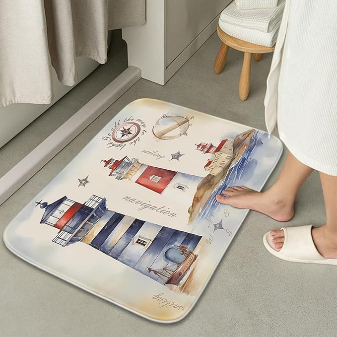 Beach Ocean Modern Bathroom Sets with Coastal Lighthouse Funky Shower Curtain and 20 x 31 Rugs Bathroom Accessories Sets Decor with Bath Rug, Bath Mat, U-Shaped Contour and Hooks 72 x 72 Inch Colorful