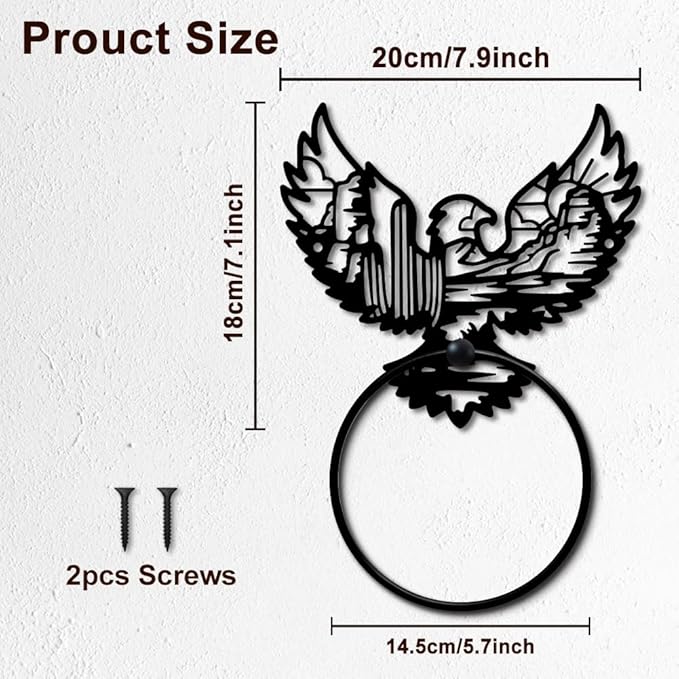 MAYJOYDIY Eagle Landscape Metal Towel Ring Desert Cactus Towel Holder Sun Mountain Range Animal Nature Scenery Black Art Towel Rack Wall Mounted for Bathroom Kitchen Home Decors Gift