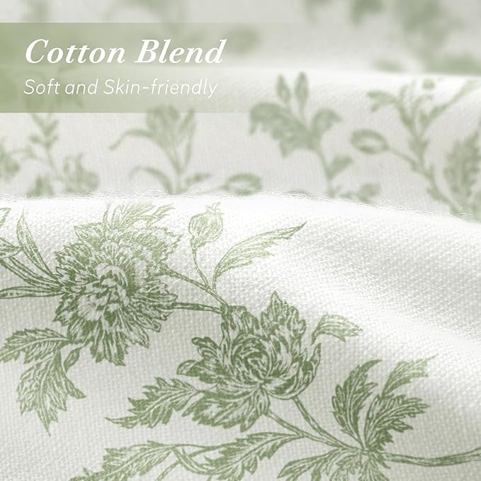 Sage Green Floral Shower Curtain,Vintage Cotton Cottagecore Shower Curtains for Bathroom, 72" W x 90" L