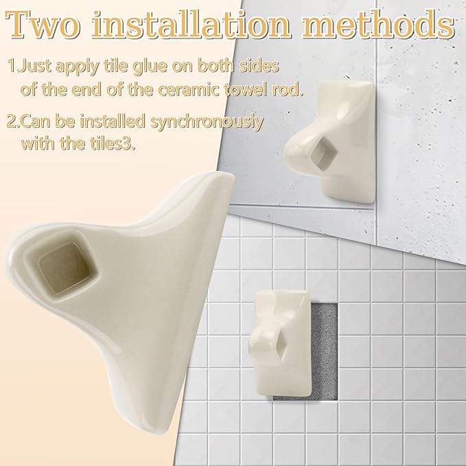 2 Pcs Ceramic Almond Bone Towel Bar Rod Rack Post, Mid Century Modern Vintage Set Wall/Tile Mount for Bathroom & Kitchen, Replacement for Broken Towel Rack Posts (Rod Not Included)
