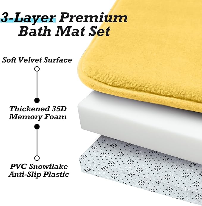 HUXMEYSON Bathroom Rugs Sets 3 Piece, Non-Slip & Quick Dry Bath Mat Set, Ultra Soft Velvet Bath Rugs for Bathroom, Toilet and Shower Floor, Yellow