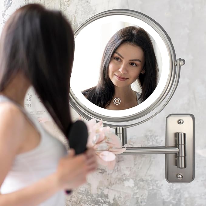 JANEEVA 8" Wall Mounted Lighted Makeup Mirror,Rechargeable Double Sided 1X/10X Magnifying Mirror with 3 Color Lights,Touch Dimmable Bathroom Vanity Mirror with 360°Swivel Extendable Arm Brushed Nickel